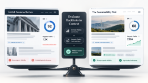 Comparison of two publisher websites showing Domain Rating, organic traffic, topical relevance, and backlink evaluation.