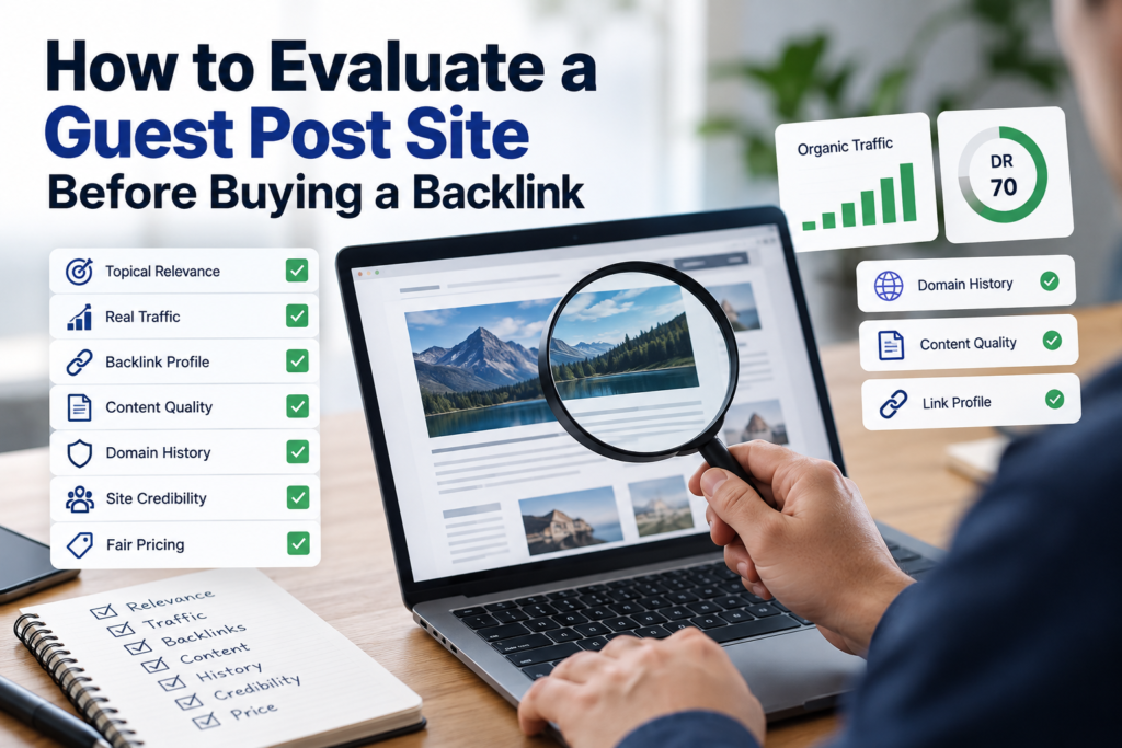 Guest post site evaluation showing organic traffic, Domain Rating, backlink profile, content quality and domain history checks.