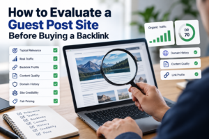 How to evaluate a guest post site using organic traffic, Domain Rating, backlink profile, content quality and domain history.