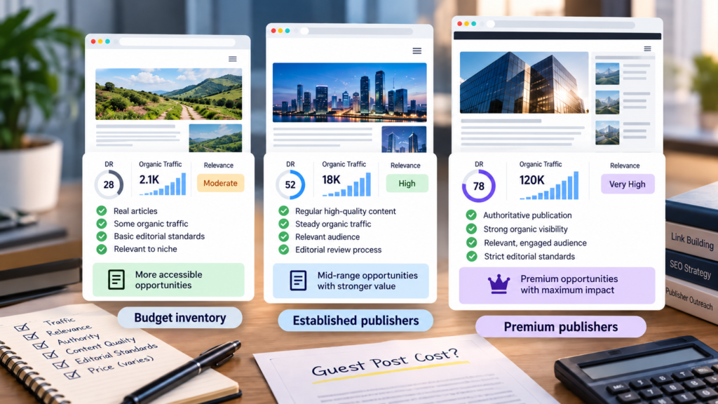 Guest posting cost comparison across publisher tiers using DR, organic traffic, relevance and editorial quality.