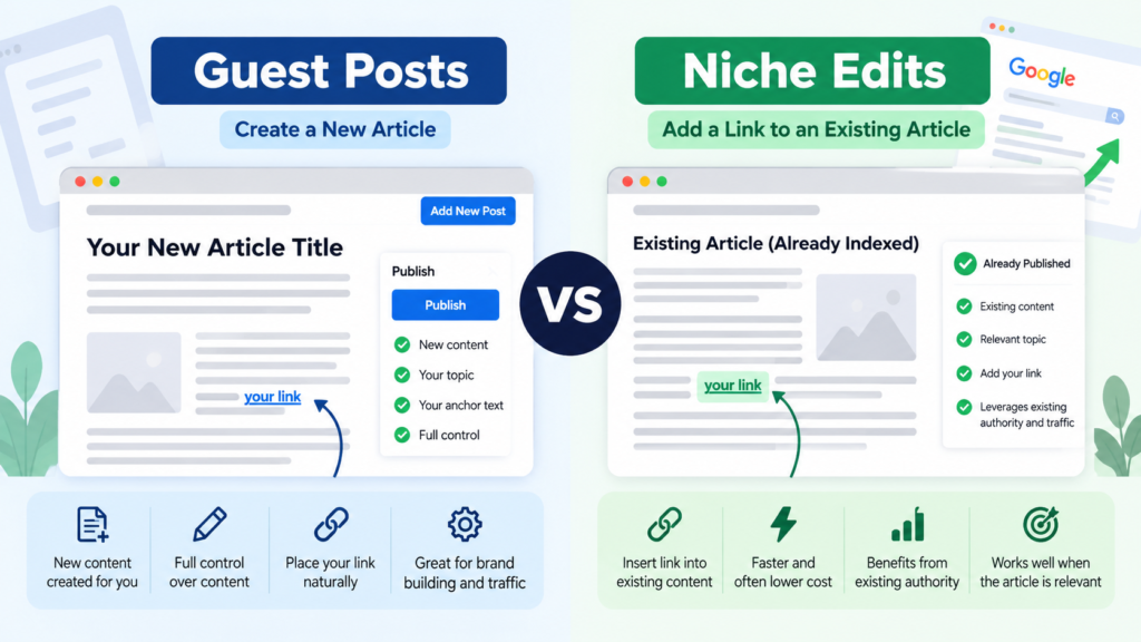 Guest posts vs niche edits comparison showing a new article created for a backlink versus a link added to an existing article.