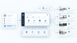 White-label link-building workflow showing an SEO agency, fulfillment partner, publisher placements and client reporting.